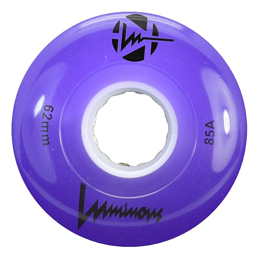 The Luminous LED 85A Quad Roller Skate Wheels in Purple (62mm) feature a white core, black logo, and glow for a vibrant addition to your collection.