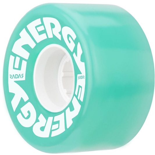The Radar Energy 78A Quad Roller Skate Wheels in Aqua, measuring 57mm x 32mm, showcase a close-up of their turquoise design with the word "ENERGY" prominently displayed in white letters. Constructed from outdoor urethane, these wheels boast a smooth surface with a white core and visible ball bearings, offering optimal grip and ride quality with their 78A durometer.