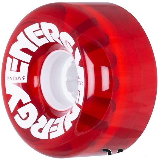 A clear red roller skate wheel features white "ENERGY" lettering around the side, designed for outdoor urethane skating adventures. This Radar Energy 78A Quad Roller Skate Wheel has a white central core and offers a smooth, glossy finish with a 78A durometer for comfort.