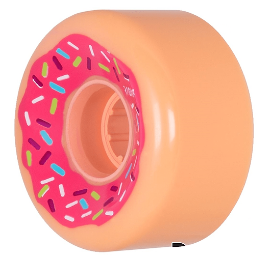 Introducing the Radar Donut 78A Quad Roller Skate Wheels by Radar, designed to mimic a pink frosted donut topped with colorful sprinkles. These eye-catching wheels, sized at 62mm x 32mm, are made from outdoor urethane, offering both durability and style for a smooth ride on any surface.