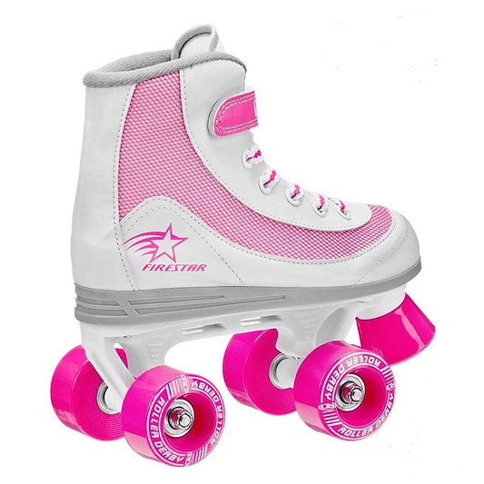 The Roller Derby Firestar V2 Quad Roller Skates in white and pink showcase a stylish design with four vibrant polyurethane wheels and a prominent side logo. The high-top profile is accented with laces and a Velcro strap at the top. Both "Firestar" and "Roller Derby" are elegantly displayed on the sides and wheels, making it an ideal choice for any roller skate enthusiast.