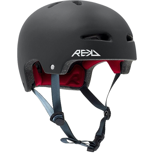The REKD Ultralite In-Mold Skate / Scooter Helmet - Black is an ideal choice for action sports enthusiasts, featuring a sleek black exterior complemented by red interior padding and adjustable gray straps. It includes small top vents for enhanced breathability and showcases a white REKD logo on the side, combining style with lightweight protection.