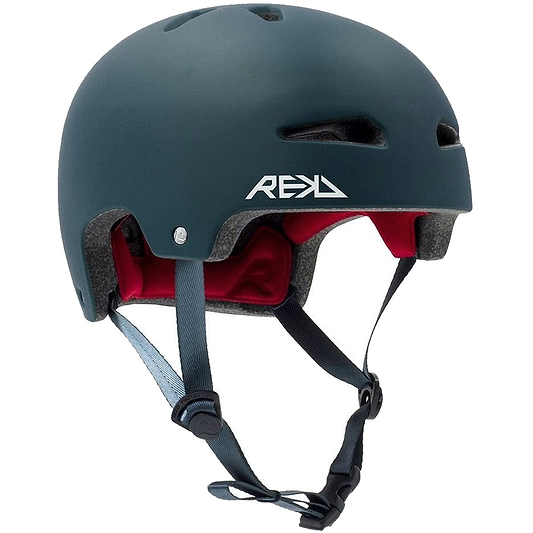 The REKD Ultralite In-Mold Skate / Scooter Helmet in blue boasts a red interior and an adjustable chin strap, ideal for action sports. Its lightweight design includes multiple ventilation holes and the brand logo is prominently displayed on the side.