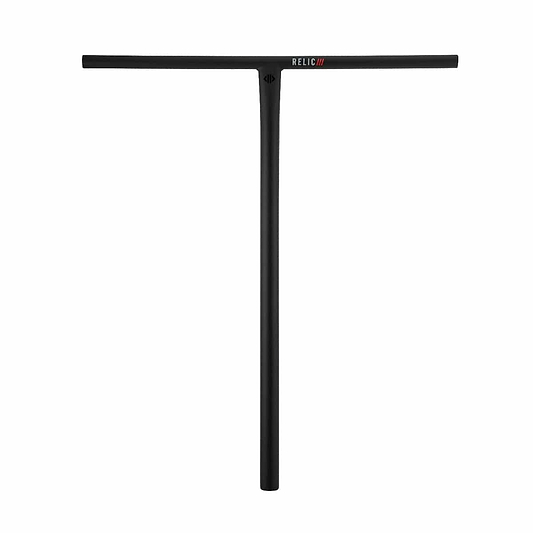 The Drone Relic 3 Steel Oversized SCS Stunt Scooter Bars in black, measuring 650mm x 600mm, boast a sleek T-shaped handlebar design. With "RELIC" branding and three striking red lines near the top, these bars are constructed from durable Chromoly 4130 steel, enhancing both performance and style.