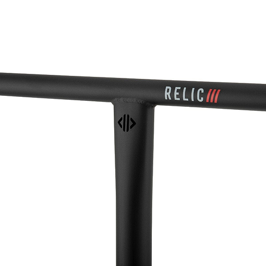 Close-up of a black metal scooter handlebar crafted from robust Chromoly 4130 steel, showcasing the "Drone" brand name with red stripes. The Drone Relic 3 Steel Oversized SCS Stunt Scooter Bars feature a sleek, minimalist design that ensures durability and style, measuring 710mm x 610mm.