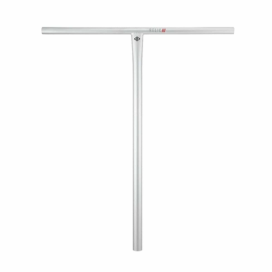 The Drone Relic 3 Steel Oversized SCS Stunt Scooter Bars, measuring 710mm x 610mm, are presented in a raw finish. Made from durable Chromoly 4130 steel, these bars feature a T-shaped design with a horizontal top bar and vertical stem on a white backdrop. A small logo near the center encapsulates the timeless appeal expected from Drone's product line.