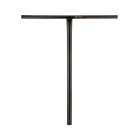 Drone's Relic 3 Steel Oversized SCS Stunt Scooter Bars in Trans Black feature a T-shaped design, expertly crafted from durable Chromoly 4130 steel. The minimalist styling is accentuated by the red "Relic" brand logo adorning the top crossbar. These handlebars, measuring 650mm x 600mm, are isolated on a white background to highlight their streamlined aesthetic.