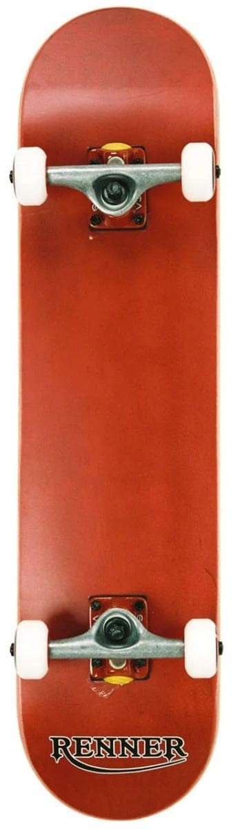 Here's a revised version of the sentence: 

A top view of the Renner Pro Series Red Complete Skateboard - 7.75" x 31" reveals its red deck, silver trucks, and white wheels. Crafted from 7 Ply Canadian Maple and featuring ABEC 9 bearings, the "Renner" brand is prominently displayed on the underside of the deck.