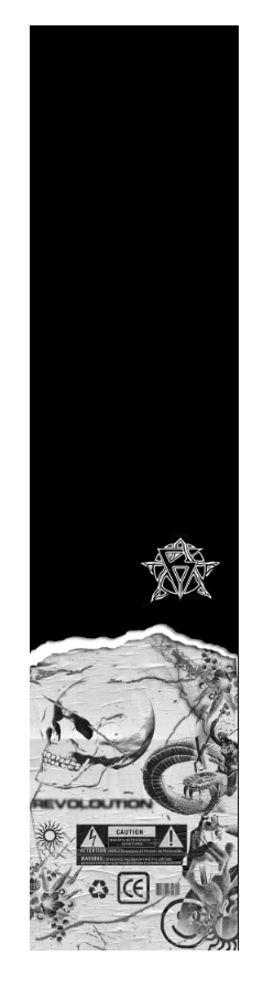 The Revolution Stunt Scooter Griptape - Collage by Revolution features a tall vertical rectangle design with an ornate black pattern at the center top. Below, it displays a collage with a detailed skull, flowers, a lizard, and a recycling symbol against various intricate patterns and textures, ensuring high grip for scooter decks.