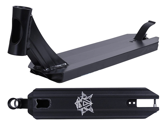 The Revolution Storm Black Stunt Scooter Deck, measuring 4.7" x 19", showcases a sleek geometric design on its underside, ideal for park riders. It includes a front cutout and a rear brake attachment, with an angled headtube expertly welded onto the main deck.