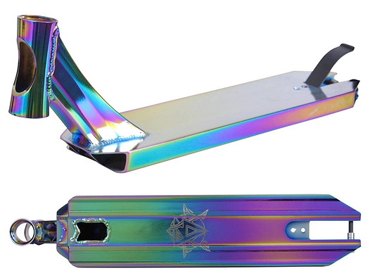 Introducing the Revolution Storm Neochrome Stunt Scooter Deck by Revolution, featuring a colorful iridescent design with geometric engravings and a sleek cutout near the top. Its metal surface shimmers in shades of purple, blue, and green, making it perfect for standing out at the skatepark. The brake is prominently visible at one end of this 4.7" x 19" deck.