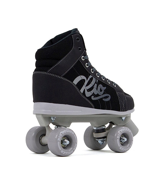 The Rio Roller Lumina Quad Roller Skates - Black / Grey by Rio Roller boast a chic black PVC leather boot paired with grey wheels, delivering both elegance and functionality.