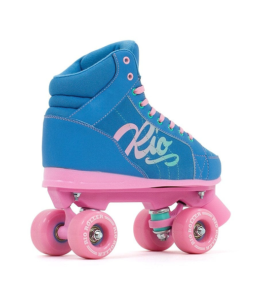 Introducing the Rio Roller Lumina Quad Roller Skates in Blue and Pink, a vibrant masterpiece crafted by Rio Roller. Featuring a striking PVC leather boot with pink and light blue accents, complete with "Rio" artfully emblazoned on the side, these skates glide effortlessly on smooth pink wheels and sturdy nylon trucks. The dynamic design is completed with colorful laces.