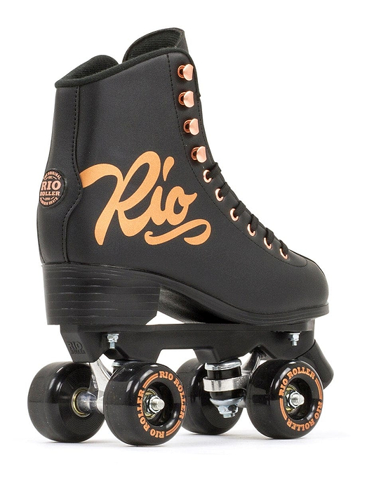 The Rio Roller Rose Quad Roller Skates in Rose Black offer a sustainable style with their black design accented by orange "Rio" branding and copper eyelets. The side view showcases the black wheels featuring the "Rio Roller" logo in orange, emphasizing the skates' intricate design and branding elements.