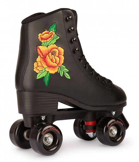 The Rookie Rosa Quad Roller Skates - Black, from the brand Rookie, feature a timeless black design accented with yellow rose embroidery. They are equipped with four sleek black wheels and matching laces, and they are vegan-friendly. Additionally, these skates include a snug padded fleece lining for maximum comfort.