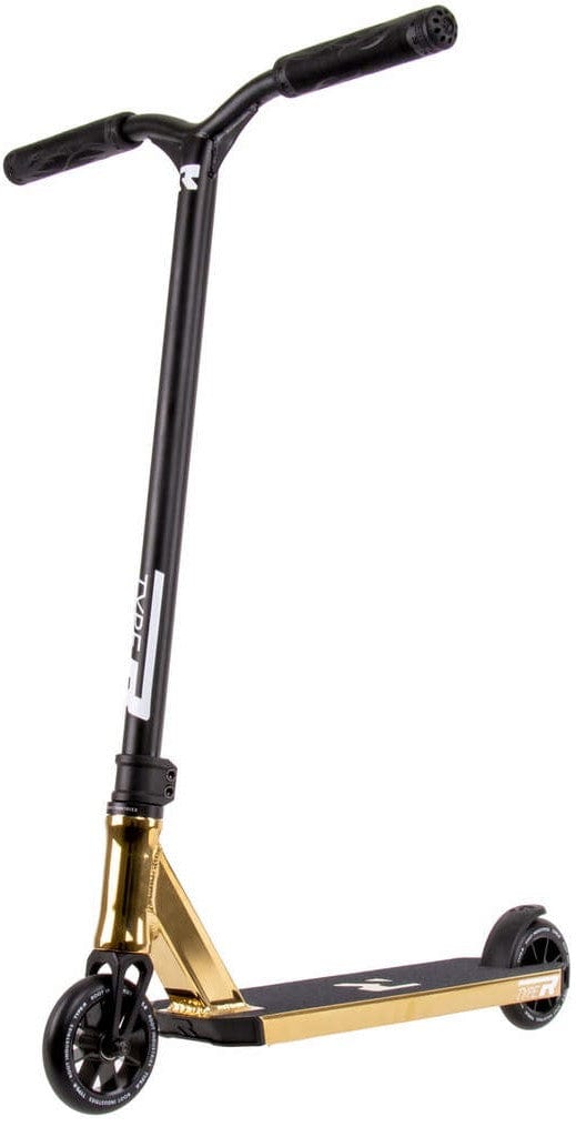The Root Industries Type R Complete Stunt Scooter - Gold Rush boasts a stylish design, equipped with a robust 4130 Chromoly handlebar, a lightweight aluminium deck with an eye-catching gold accent, and vibrant gold wheels.
