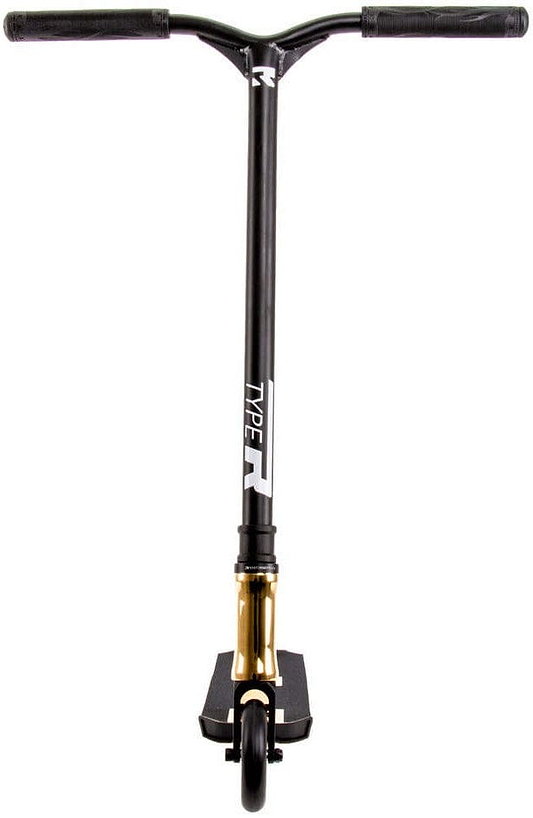 Front view of the Root Industries Type R Complete Stunt Scooter - Gold Rush, showcasing its sleek and modern design with a black finish complemented by gold accents. The scooter features a 4130 Chromoly handlebar, a single front wheel, and "Type R" prominently displayed on the stem. The lightweight aluminum deck enhances agility and performance.