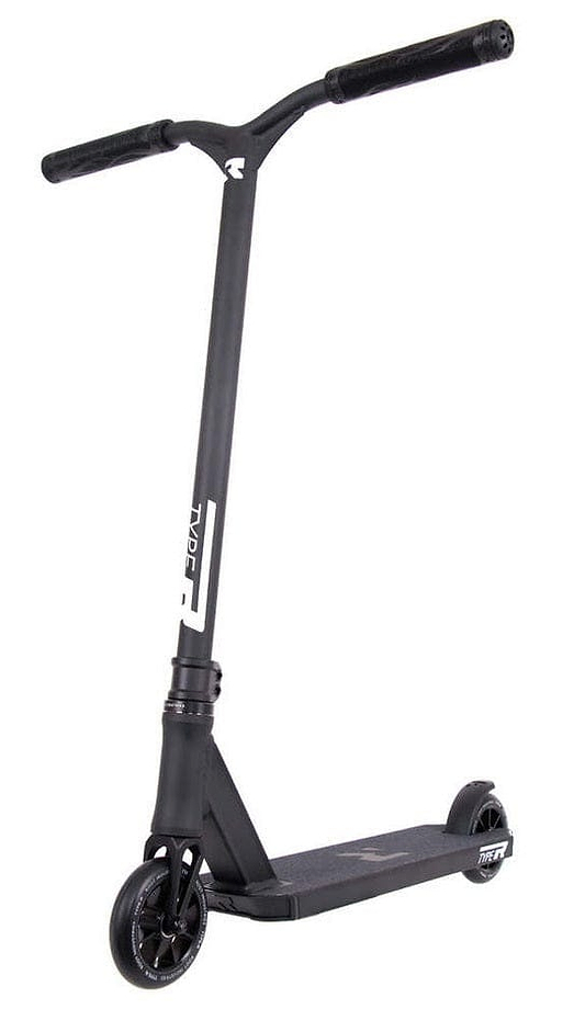 Introducing the Root Industries Type R Complete Stunt Scooter in Black, featuring a minimalist and modern design. This scooter boasts a sturdy frame with two wheels, rubber grip straight handlebars, and a textured deck surface for improved traction.