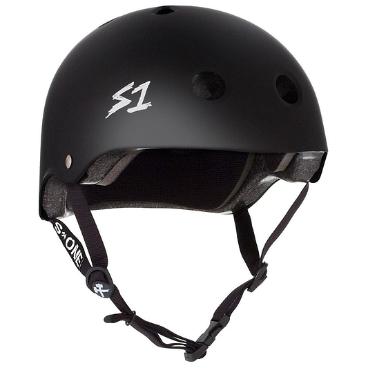 The S1 Lifer Skate / Scooter Helmet - Matt Black, crafted by S1, features a stylish matte black design with multiple ventilation holes and an adjustable chin strap. It is enhanced with EPS Fusion Foam for superior safety and prominently displays the white "S1" logo on the side.