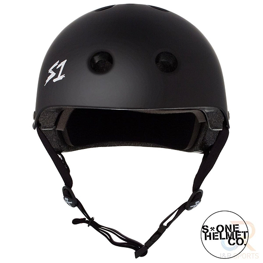 The S1 Lifer Skate / Scooter Helmet in Matt Black features a stylish matte design with ventilation holes on top and an adjustable chin strap for a secure fit. Equipped with EPS Fusion Foam, it provides exceptional protection, while the iconic S1 logo is prominently displayed on the front of this protective helmet.