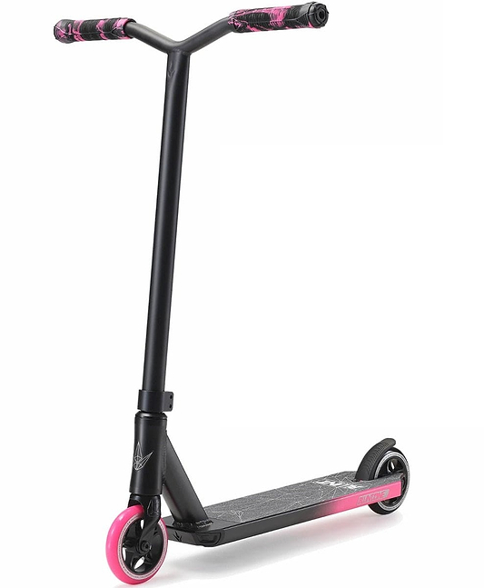 The Blunt Envy ONE S3 Complete Stunt Scooter in black and pink by Blunt Envy offers a minimalist, modern design with a T-bar handle. It features a non-slip deck and two wheels; the front wheel and matching grips are pink, while the rear wheel is black.