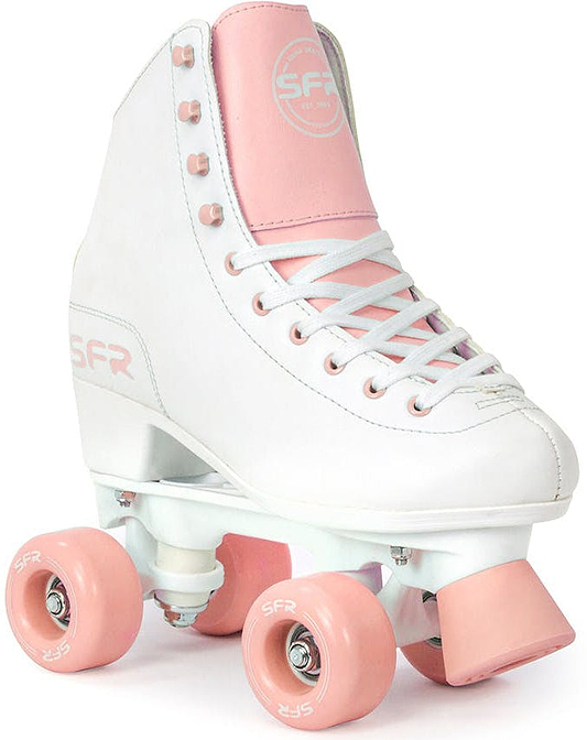 Introducing the SFR Figure Quad Roller Skates in White and Pink, featuring a classic boot design with sturdy heels and white eyelets for lacing. These beginner skates come with durable polyurethane wheels, an SFR logo on the tongue and side, and are perfect for those new to roller skating.