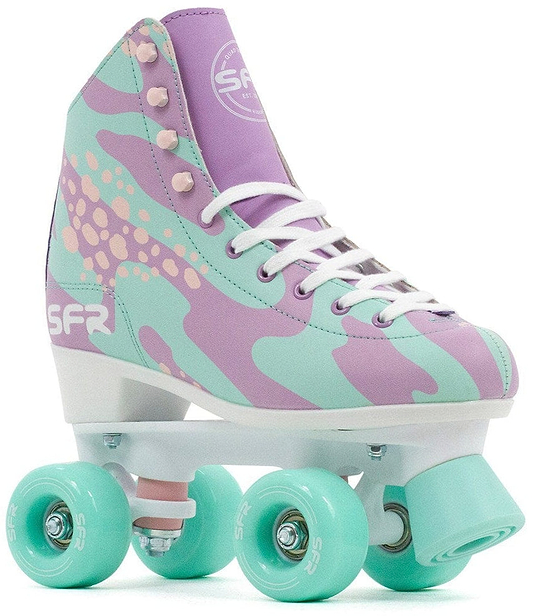 Introducing the SFR Brighton Figure Quad Roller Skates - Lilypad: These skates boast a vibrant and playful aesthetic, featuring a boot made from durable PVC leather with an eye-catching purple, pink, and mint green camouflage pattern. Complemented by white laces and a mint green sole, the design is completed with matching mint green PU cast wheels that embody the brand's signature colorful style.