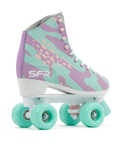 Introducing the SFR Brighton Figure Quad Roller Skates - Lilypad, a chic design showcasing pastel colors in a purple and mint green camouflage pattern. Made with durable PVC leather, these skates sport mint green PU cast wheels and white laces, proudly displaying the "SFR" logo on the side.