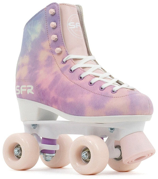 The SFR Brighton Figure Quad Roller Skates - Tie Dye are adorned in a pastel palette with a tie-dye pattern of pink, purple, and blue. They come with white laces and four pink PU cast wheels, featuring the "SFR" logo on the side.