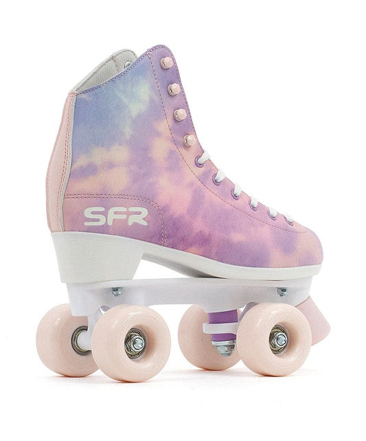 The SFR Brighton Figure Quad Roller Skates - Tie Dye highlight their durable PVC leather construction with a pastel tie-dye pattern in shades of pink, blue, and purple. They feature a white sole, pink PU cast wheels, white laces with metal eyelets, and the brand name "SFR" printed in white on the side.