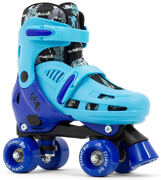 The SFR Hurricane IV Adjustable Quad Roller Skates - Shark is a blue and black quad roller skate with a robust plastic frame and adjustable straps, incorporating a size-adjustment system. It features four wheels aligned in pairs, proudly displaying the "SFR" brand on both the sides and wheels. The inner padding exhibits a camouflage pattern.