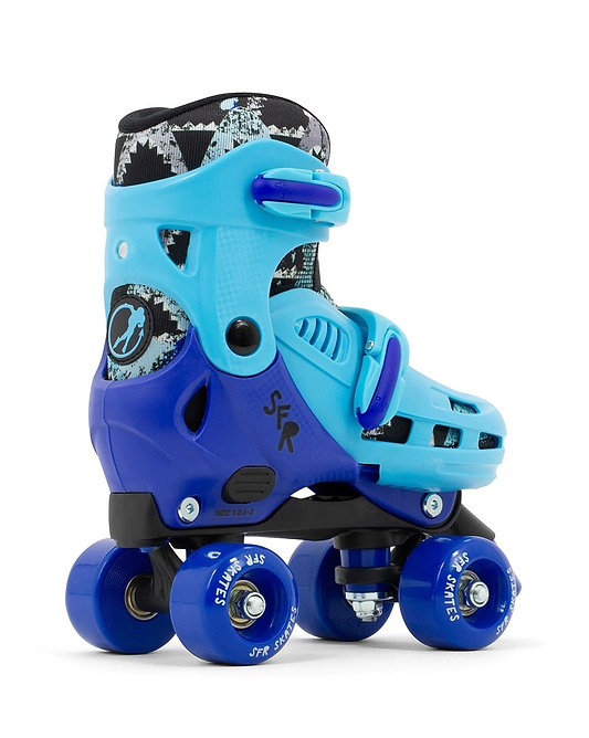 The SFR Hurricane IV Adjustable Quad Roller Skates - Shark are vibrant in blue and turquoise. These children's skates feature a size-adjuster system, four blue wheels, a patterned cuff, and secure straps. The "SFR" logo is prominently displayed on the side for added flair.