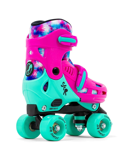 Introducing the SFR Hurricane IV Adjustable Quad Roller Skates - Tie Dye by SFR, a vibrant pair showcasing pink and turquoise elements with tie-dye designs and teal wheels. Crafted for both style and ease, these skates feature a size-adjuster system and quick-release buckles to ensure the perfect fit every time.