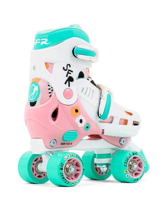 Introducing the SFR Storm V Adjustable Quad Roller Skates - Flower, featuring a vibrant design in white, pink, and turquoise that's perfect for roller skating fun. These skates come with size-adjustable straps and four turquoise wheels adorned with charming floral patterns. The distinctive "SFR" brand logo is prominently displayed on both the side and top of the skates.