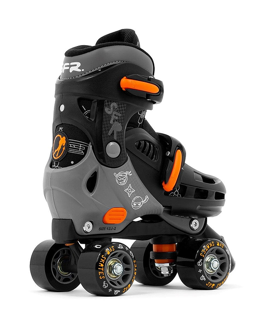 The SFR Storm V Adjustable Quad Roller Skates - Ninja, designed by SFR, offer a chic combination of black and gray with eye-catching orange accents and side designs. Ideal for children's roller skating adventures, these skates come equipped with durable black wheels and a handy adjustable sizing feature to accommodate growing feet.