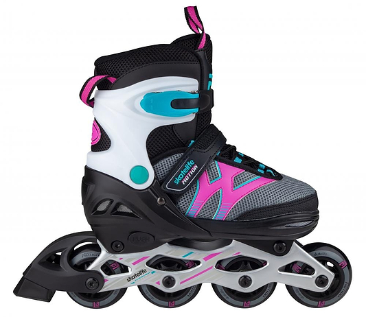 Introducing the Skatelife Motion Adjustable Inline Skates in black and pink, showcasing a lively color palette of white, black, pink, and teal. These skates are equipped with a lightweight aluminum frame and four wheels, along with adjustable straps to ensure a secure fit. The Skatelife brand logo is prominently displayed on the side.