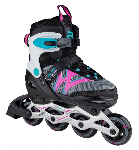 A detailed view of the Skatelife Motion Adjustable Inline Skates in Black/Pink showcases its secure fit and lightweight aluminium frame, making it ideal for both beginners and experienced skaters.