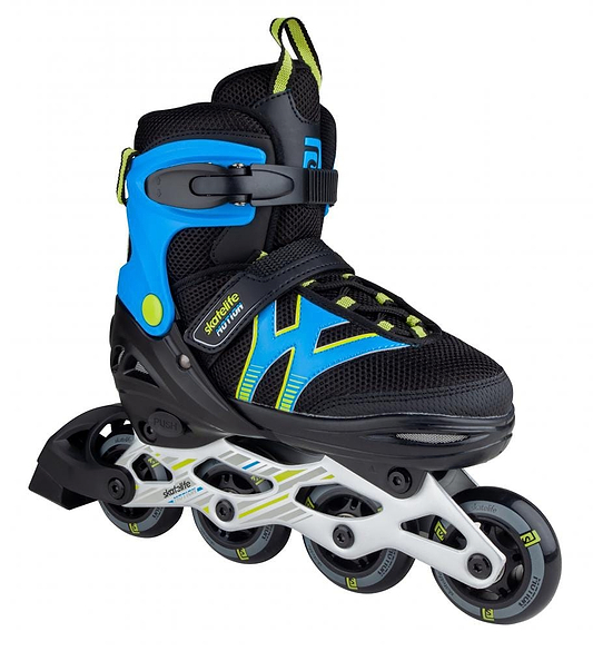 The Skatelife Motion Adjustable Inline Skate in Black and Blue is perfect for young beginners, featuring a sturdy boot with a buckle and Velcro strap on a lightweight aluminum frame with four wheels. The brand name, Skatelife, is visible on the side.