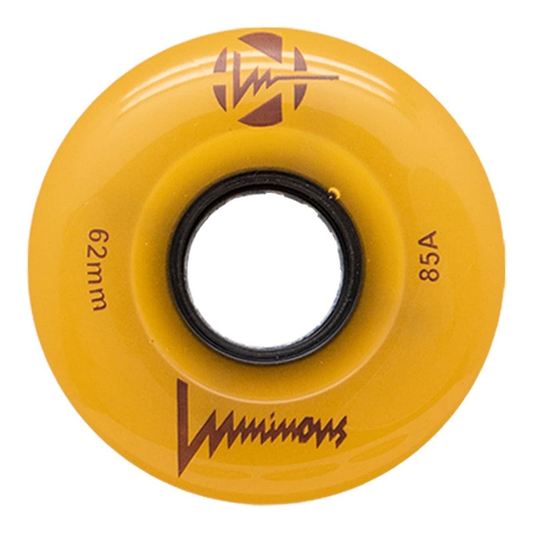 Upgrade your skates with Luminous LED 85A Quad Roller Skate Wheels – Sunray Glow 62mm: yellow wheels with a black core, “Luminous” logo, and circular emblem—ideal for standout style and performance.