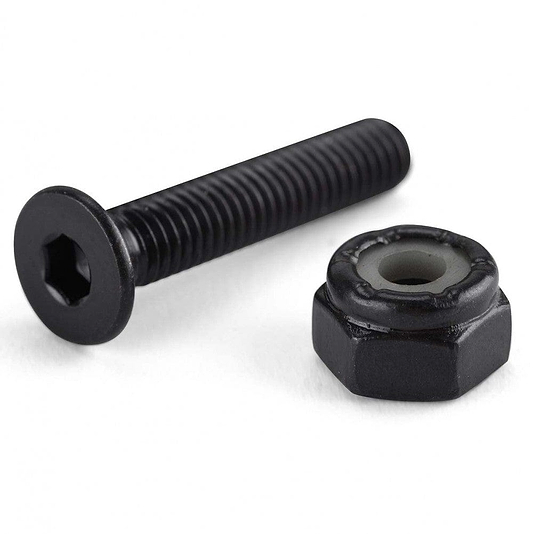 On a white background, an Osprey Skateboard Allen Truck Bolt in black, paired with a matching hex nut featuring a nylon insert, is displayed. The screw includes an Allen bolt head design ideal for secure fastening on skateboards or risers.