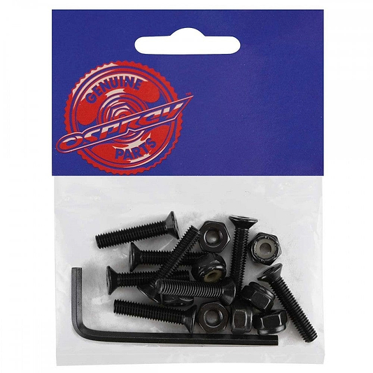 A package of Osprey Skateboard Allen Truck Bolts - 1" Black, featuring screws, nuts, and an L-shaped hex key on a white background—perfect for skateboards.