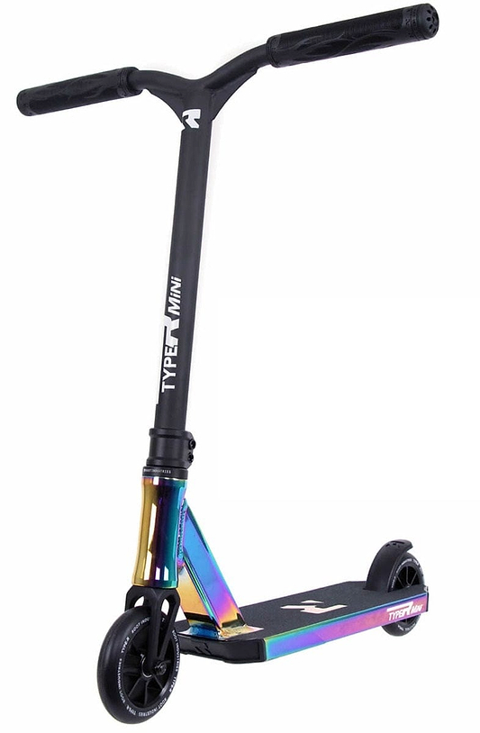 Introducing the Root Industries Type R MINI Complete Stunt Scooter in Rocket Fuel Neochrome, featuring a lightweight aluminum deck and a sleek black handlebar adorned with the "TYPE 1 Mini" logo. Its vibrant metallic neck and sleek black wheels, combined with an advanced IHC system, provide a modern and stylish ride.