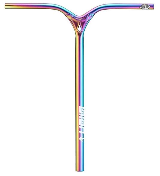 A handlebar with a rainbow-colored oil slick neochrome finish, featuring a white "Grit" logo. This Blunt Envy Union V2 Aluminium IHC stunt scooter bar showcases a distinct Y-bar design and sleek profile, measuring 650mm x 580mm.