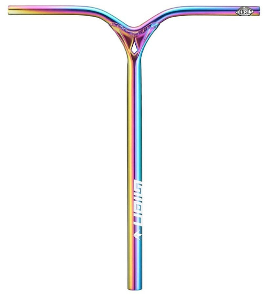 A handlebar with a rainbow-colored oil slick neochrome finish, featuring a white "Grit" logo. This Blunt Envy Union V2 Aluminium IHC stunt scooter bar showcases a distinct Y-bar design and sleek profile, measuring 650mm x 580mm.