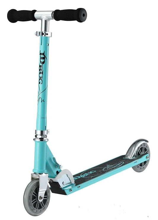 The JD Bug Classic Street 120 Kids Foldable Kick Scooter, in matt teal, features a lightweight design with adjustable handlebars and black grips. It boasts two wheels, a sleek black footboard with light blue accents, and the JD Bug logo on the handlebar column.