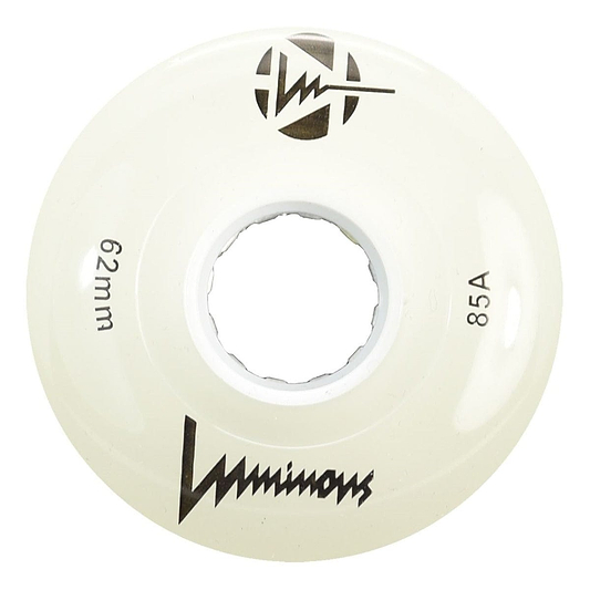 A white Luminous LED 85A Quad Roller Skate Wheel, 62mm, features "Luminous" branding, "62 mm," "85A durometer," and a black logo printed on it.