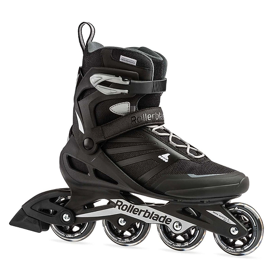The Rollerblade 2022 Zetrablade Inline Skates in black and silver are stylish skates designed for beginner skaters, featuring four wheels, secured ankle support, and laces. The "Rollerblade" branding on the frame complements its modern design and robust construction, making it ideal for recreational use.