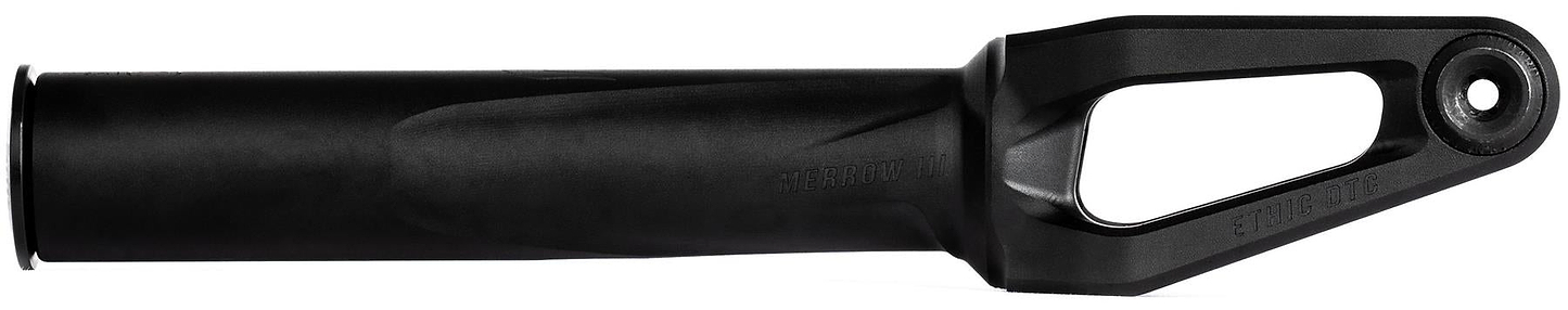 The Ethic DTC Merrow V3 8/12STD SCS Stunt Scooter Forks in Black by Ethic feature a cylindrical base, open triangular cutout near the mounting hole, and a smooth matte finish for a sleek, modern look.