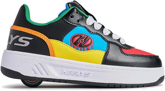 The Heelys Rezerve Low Boys Shoes by Heelys feature a beginner-friendly design with a wheel in the heel, black, red, cyan, and yellow panels, white laces, and a thick white sole.