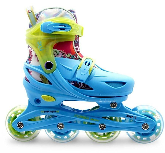 The Roces Ply Flash Adjustable Kids Inline Skates by Roces feature a blue and lime frame, ABEC 7 carbon bearings, four green wheels, and a vibrant boot with cartoon graphics plus yellow strap and heel accents.